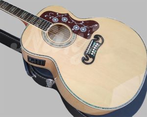 자연스러운 솔리드 스프루스 탑 J200 어쿠스틱 기타 43 인치 실제 전복 불꽃 메이플 뒤로 뒷면과 측면 점보 바디 기타 258