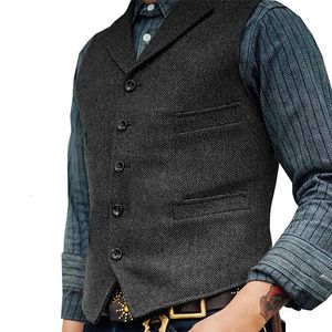 Mäns västar väst för män Brown Wedding Wool Tweed Business Waistcoat Jacket Casual Slim Fit Gilet Homme Groosmen 231205