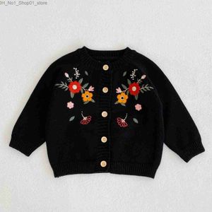 カーディガンキッズ服コットンブラックニットカリットカーディガンと花柄の刺繍と甘い長袖のニットセーターQ231206