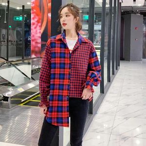 Women's Blouses Wholesale Work Shirt Cotton Women Long Sleeve Plaid Oversized Blouse Spliced Turn-Down Collar Casual Female Clothes