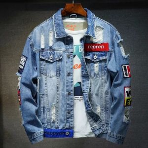 Herrjackor män märke denim jacka hiphop streetwear punk motorcykel rippad tryck cowboy outwear högkvalitativ hål hane jeans päls 231206