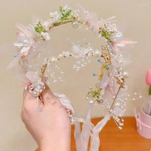 Hårtillbehör huvudbonader Butterfly Pography Props Pearl Cloth Girl Flower Crown Children Wreath Korean Style pannband