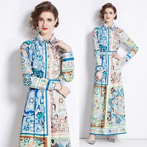 Vintage Paisley Floral Boho Maxi sukienka szata Długie rękaw Designerka Lapel Slim High Tase wakacje Ruched Sukienki 2023 Spring Fall Party Eleganckie dopasowane sukienki pasa startowego