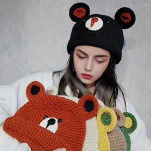 Berets macio e amigável à pele bonito urso orelha chapéus quente respirável crochê chapéu de algodão à prova de vento animal malha halloween inverno boné