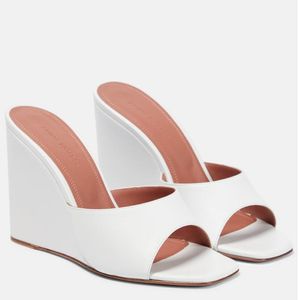 Lusso AMINA MUADDI Ciabatte con zeppa in pelle Lupita Sandali Nero Bianco Scarpe da donna con cinturino a spillo coperto Sexy estate punta a punta Festa da sposa Scatola di calzature da sposa