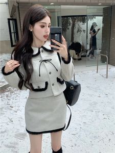 Two Piece Dress Elegant Small Fragrance Wind Tweed Mini Skirt Sets Women Autumn Winter Hit Color Jackets Two Piece Suit Outfits 231205