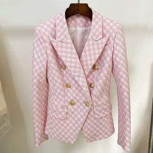 Ternos femininos blazers high street est designer jaqueta fino ajuste leão botões duplo breasted tweed xadrez blazer 231206