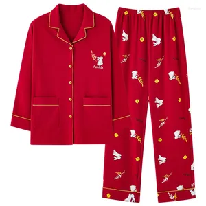 Kvinnors sömnkläder pyjamas Autumn Winter Pure Cotton Långärmad röd jul hem slitage set casual plus size pyjamas kvinnlig m-3xl