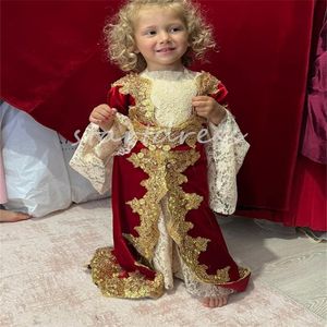 Uniqes Kaftan Morrocan Flower Girls Dresses Beautiful Cute Kids Girls Party Skit Pretty Baby little girls pageant Princess Lace Long Sleeve Gold Applqiues Birthday