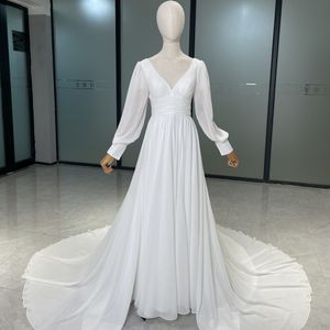 Vestido de chiffon macio com decote em V de manga comprida Vestidos de casamento elegantes para noiva usar