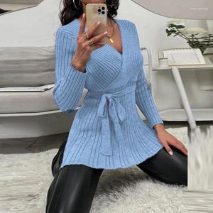 Kvinnors blusar 2023 Autumn Winter Lace Up Slim Knitted tröja toppar Elegant dam långärmad kvinnlig sexig kvinnors v hals tröjor