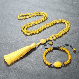 Pendant Necklaces Classic 6mm Natural Yellow Chalcedony Bead Bracelet&Necklace Set Long Tassel Sweater Accessory Fashion Jewelry