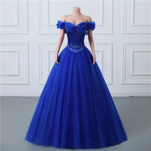 Blaues Prinzessin-Königliches Ballkleid, Abend- und Abschlussball, elegant, schulterfrei, Perlen, Pailletten, Rüschen, Tüll, lange Partykleider, Korsett-Rücken, süße Quinceanera-Kleider, S