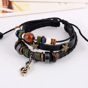 Catena fatta a mano Boho Gypsy Hippie Design Pelle marrone Stella G Chiave Nota Ciondoli in metallo Bottone in legno Perline Avvolgente Bracciale regolabile unisex l231205