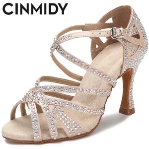 Dans Ayakkabıları Cinmidy Kadın Latin Dans Ayakkabıları Rhinestones Dans Dans İçin Yumuşak Alt Salsa Ayakkabıları Sandalet Kadın Düğün Hight Topukları 7.5cm 231205