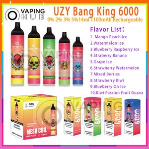 Original UZY Bang King 6000 Puff Disposable E Cigarettes 0.8ohm Mesh Coil 14ml Pod Battery Rechargeable Electronic Cigs Puff 6K 0% 2% 3% 5% Disposable Vape