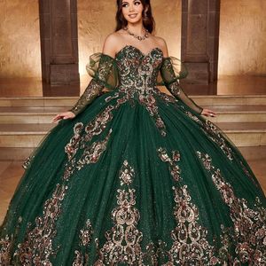 Luxury Emerald Green Sweet 16 Ball Gown Quinceanera Dress 2024 Off the Shoulder Beads Crystal Appliques Lace Vestidos De 15 Anos Lace-Up