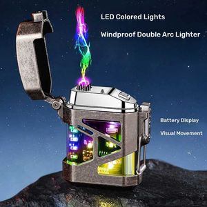 LED Colored Lights Windproof Double Arc Lighter Mecha Design Type-C Charging Battery Level Display Igniter Men's Gift