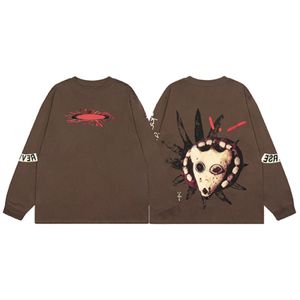 メンズTシャツ秋と冬の新しいデザイナーパーカーラウンドネックカバーレターアブストラクトレトロマスクパターンブラウン長袖Tシャツ