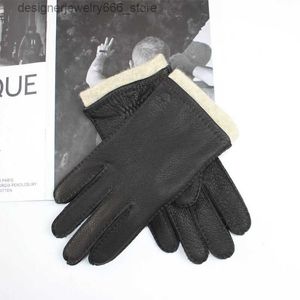 Five Fingers Gloves Men's Deerskin Gloves Classic Vintage Hand Sewn Made Warm Wool Knit Liner Driving Leather Gloves Autumn Q231206