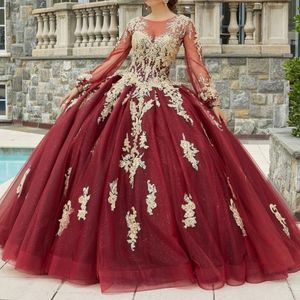 Luxury Red Shiny Sweet 16 Ball Long Sleeved Gown Quinceanera Dress with Pärlor Crystal Appliciques Lace Vestidos de 15 Anos Lace-Up