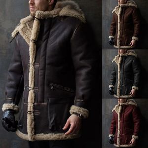 Men's Leather Faux Autumn Winter Hooded Fur Thicken Coat Integrated Plush Warm Jacket Male Single Breasted Solid Causal Outerwear 231205