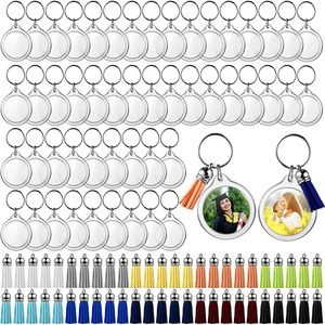 Keychains Lanyards 100st Acrylic PO Frame Keychain med tofsar Snap-In Custom Insert Po Acrylic Blank Keyring Clear Blank Picture Keyring 231205