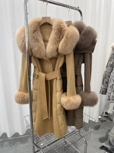 Giubbotti da donna in misto lana BLUENESSFAIR Giacca invernale da donna Collo in vera pelliccia di volpe naturale Cappotto caldo e spesso Cintura in piuma d'oca Streetwear Capispalla 231206