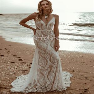 Pełna koronkowa suknia ślubna na plaży Eleganckie szydełkowanie hipisów syrena panna młoda sukienka 2024 Seksowne paski spaghetti boho bohemian ogród wiejskie suknie ślubne