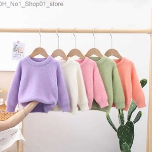 Cardigan Flocking Children Fleece Sweater 2022 Pure Color Autumn Furry Knitted Sweater Warm Winter Bottoming Shirt Kids Girl Tops FY09161 Q231206