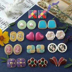 Stud Vintage Multicolor Drop Glaze French Enamel Earrings for women daily jewelry HUANZHI Heart Flowers Person Avatar 231205
