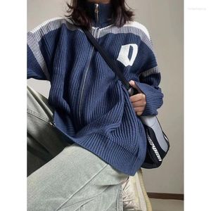 Kvinnors stickor Y2K Grunge Letter Zip Up Cardigan Women Harajuku Vintage tröja Jacka randigt lapptäcke överdimensionerade stickade topp kpop jumpers