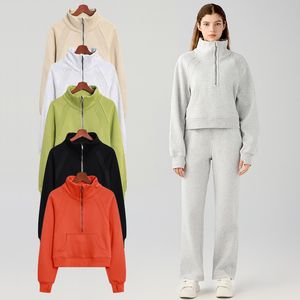 LL Yoga Giacca a Vento Sportiva Sciolta Corta SCA Mezza Zip Pullover a Collo Alto da Donna Caldo Felpato Spazzolato Addensato Maglione da Corsa per Il Tempo Libero all'Aperto con Tasche