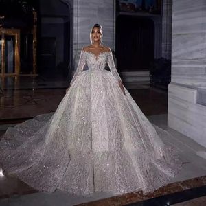 lussuosi glitter paillettes maniche lunghe abiti da sposa 2024 Dubai principessa innamorato abito da sposa cappella treno Vestido De Noiva