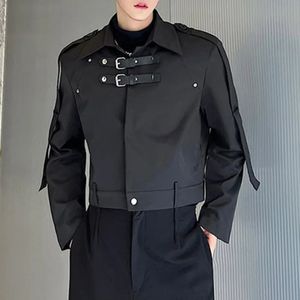 Herrjackor Fashion Mens Jacket Workwear Leather Buckle Silhouette Streetwear Solid Lapel Long Sleeve Loose Casual Crop Coats 231206