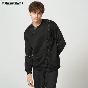 Herren Hoodies Sweatshirts INCERUN Herren Hoodies Lace Up Hollow Out O-Ausschnitt Langarm Patchwork Sweatshirts Streetwear Stilvolle Casual Pullover S-5XL 231205