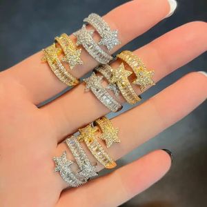 Bröllopsringar 2024 Fashion Cubic Zircon Double Five Star Opening Ring Iced Out Bling Zirconia CZ asfalterade smycken för kvinnor 231205