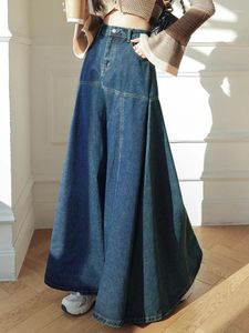 Gonne Qiukichonson Maxi Long Donna Coreana Vintage Autunno Inverno Vita alta Gonna Jean Donna A-Line Ruffle Pieghettato Denim