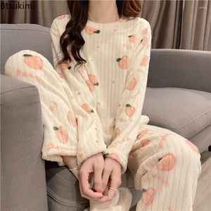 Women's Sleepwear 2023 Lovely Sweet Autumn Winter Warm Pajamas Sets Coral Fleece And Thickened 2PCS Homewear Fur Set