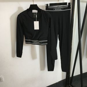 Letters Webbing Women Tracksuit Black Yoga Outfits Long Sleeve Padded Tops Shirt Leggings Gym Sporty Activwear