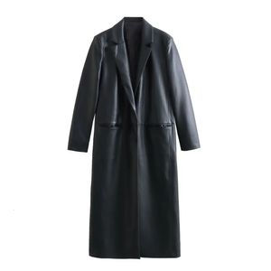 Damen Trenchcoats UNIZERA2023 Herbst- und Wintermode Vielseitiger, hochwertiger schwarzer Revers-Kunstleder-Langmantel 231206