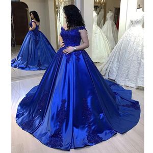 Royal Blue Arabic Ball Gown Quinceanera Off The Shoulmer Prom Dreess 형식 파티 두 번째 리셉션 약혼 가운 드레스 멍청이 328 328