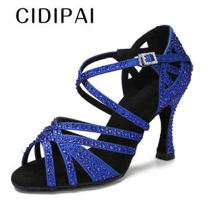 Dansskor Cidipai Silk Satin Dance Shoes Women Blue Rhinestones Latin Dance Shoes Soft Bottom Ballroom Dancing Shoes Tango Party Sandals 231205