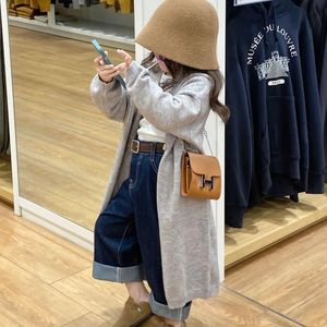 Cardigan Children Clothing Spring Fashionable Girls Long Sweater Coat Loose Style Stick Casual Solid Simple Cardigan For Girls 231206