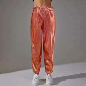 Calças femininas mulheres cintura alta metálica jogger calças reflexivas brilhantes holográficas soltas hip hop dança bottoms streetwear