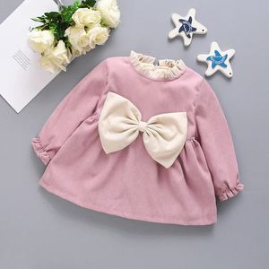 Girl's Dresses Autumn/Winter New Girl Plush Dress Children's Coral Large Bow Fold Standing Neck Winter Princess Dress 2312306