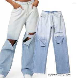 Women's Jeans Spring And Autumn Tide Ripped Denim Trousers Straight Wide Leg Drape Thin Loose Slim Looking Mop Gradient Color Pants