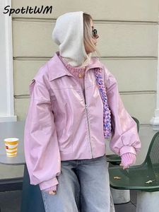 Kvinnors jackor mode rosa läderjacka kvinnor lång ärm varm vänd ner krage lapel kort pu 2023 damer blixtlås vinterrock 231206