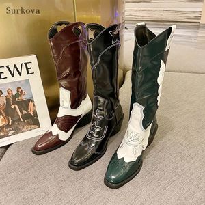 Stivale Western Modern Ladies Retro Slip On Scarpe in pelle di mucca Fashion Casual Zeppe Alte al ginocchio Art Cowgirl Cool 231206