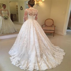 Royal Princess Laceful Wedding Dress High Neck Long Sleeve Ball Gown Church Bridal Dress 2024 Button Sweep Train Civil Country Rustic Dream Boho Chic Robe de Mariage